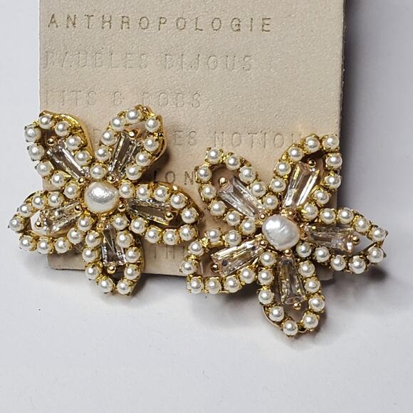 Anthropologie Pearl Beaded Flower Stud Earrings New With Tags "1 - Picture 2 of 8